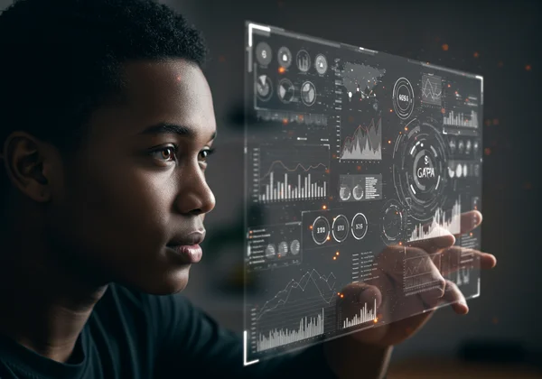 Person intensely analyzing complex data and identifying patterns