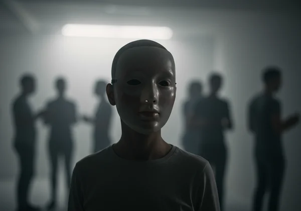 Person wearing a subtle, metaphorical mask in a social context