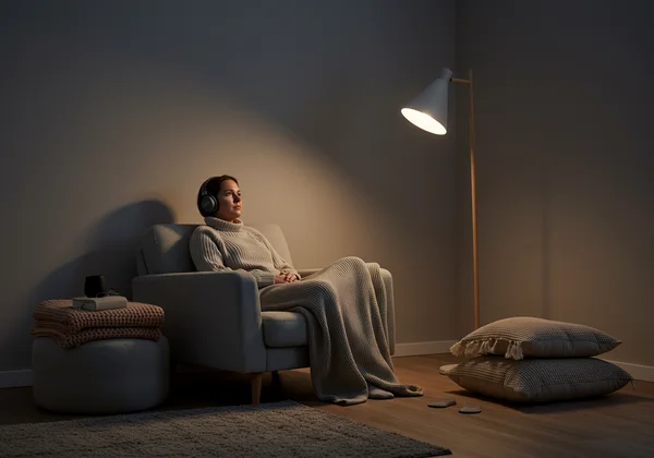 Person in a calm, sensory-friendly room with headphones
