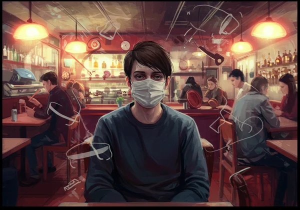 Person experiencing sensory overload and masking in a cafe