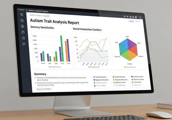 Digital screen displaying a detailed autism trait analysis report with graphs