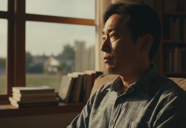 Autistic adult looking thoughtfully out a window